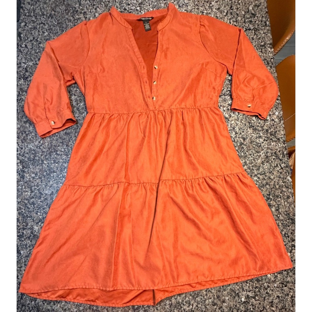 Millenium Burnt Orange Tiered Babydoll Dress V-Neck‎ Long Sleeve Rust Large